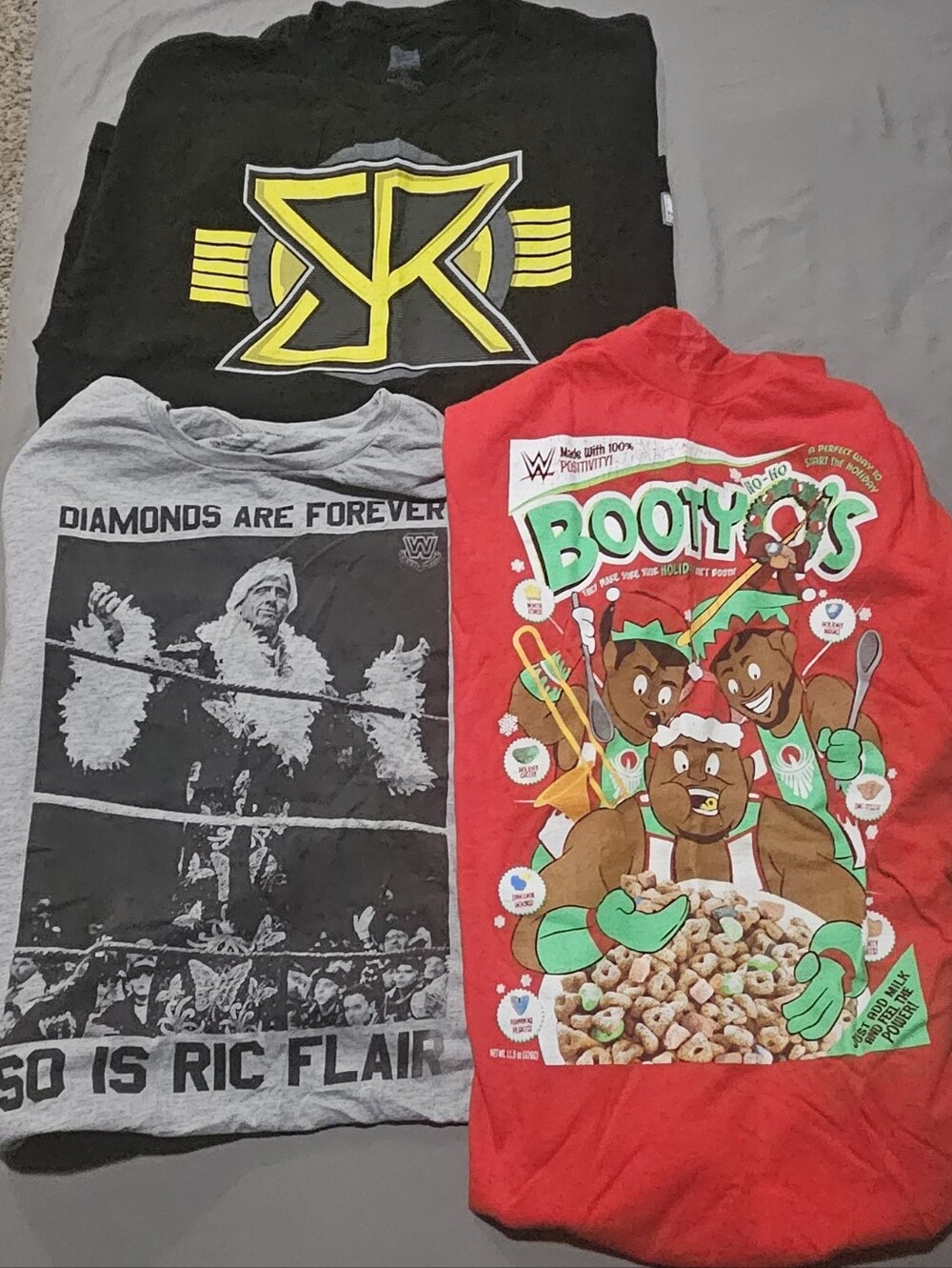 3 Vtg WWE T-shirts The New Day "Booty-O's" Holiday + Seth Rollins + Ric Flair XL